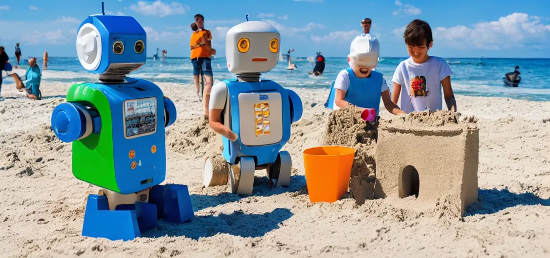 Prompt: robots building 1:1 scale sandcastles at the beach