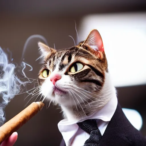 Image similar to a high detail closeup shot of a cat wearing a suit and smoking a cigar