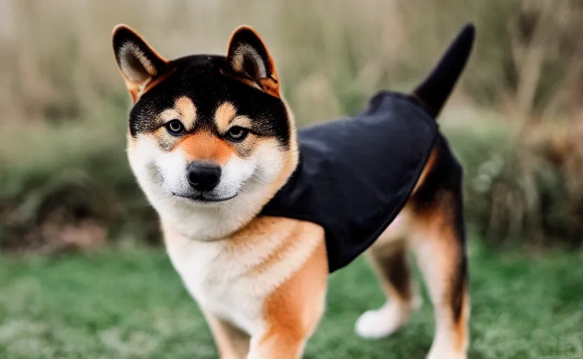 Image similar to a shiba inu wearing a a black turtle neck and wearing a black barret, bokeh, depth of feild, dslr photo