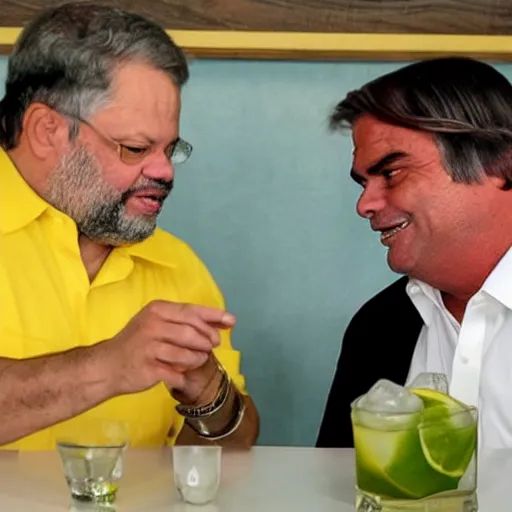 Image similar to Luis Inacio Lula da Silva and Bolsonaro drinking a caipirinha together realistic, 4k image, news, notícia