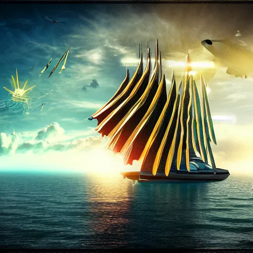 Image similar to marvel comic style, futuristic sail ship with solar panel sails mid-journey, robot sailors, HDR, 8k, digital art