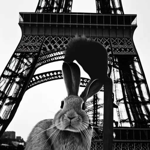 Prompt: a rabbit selfie in front of the eiffel tower, black and white vintage photograph