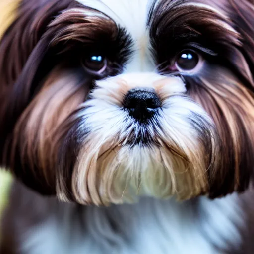 Prompt: shih tzu with all dark brown fur, photography, 8 k, macro lens