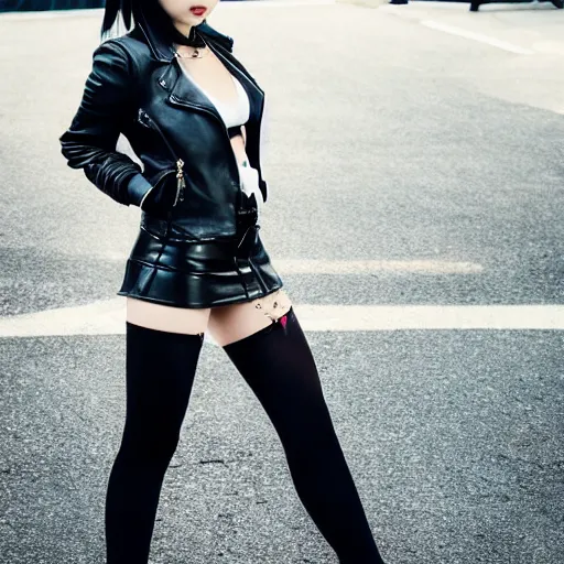 Image similar to a dynamic, epic cinematic 8K HD movie shot of a japanese beautiful cute young J-Pop idol actress yakuza rock star girl wearing leather jacket, miniskirt, nylon tights, high heels boots, gloves and jewelry. Motion, VFX, Inspirational arthouse, at Behance, with Instagram filters