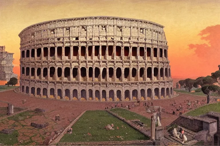 Image similar to painting of a the ancient rome, coliseum, sunset, chill, romantic, by ludwig deutsch and maxfield parrish, patterned tilework, extremely detailed, cinematic lighting, smooth sharp focus