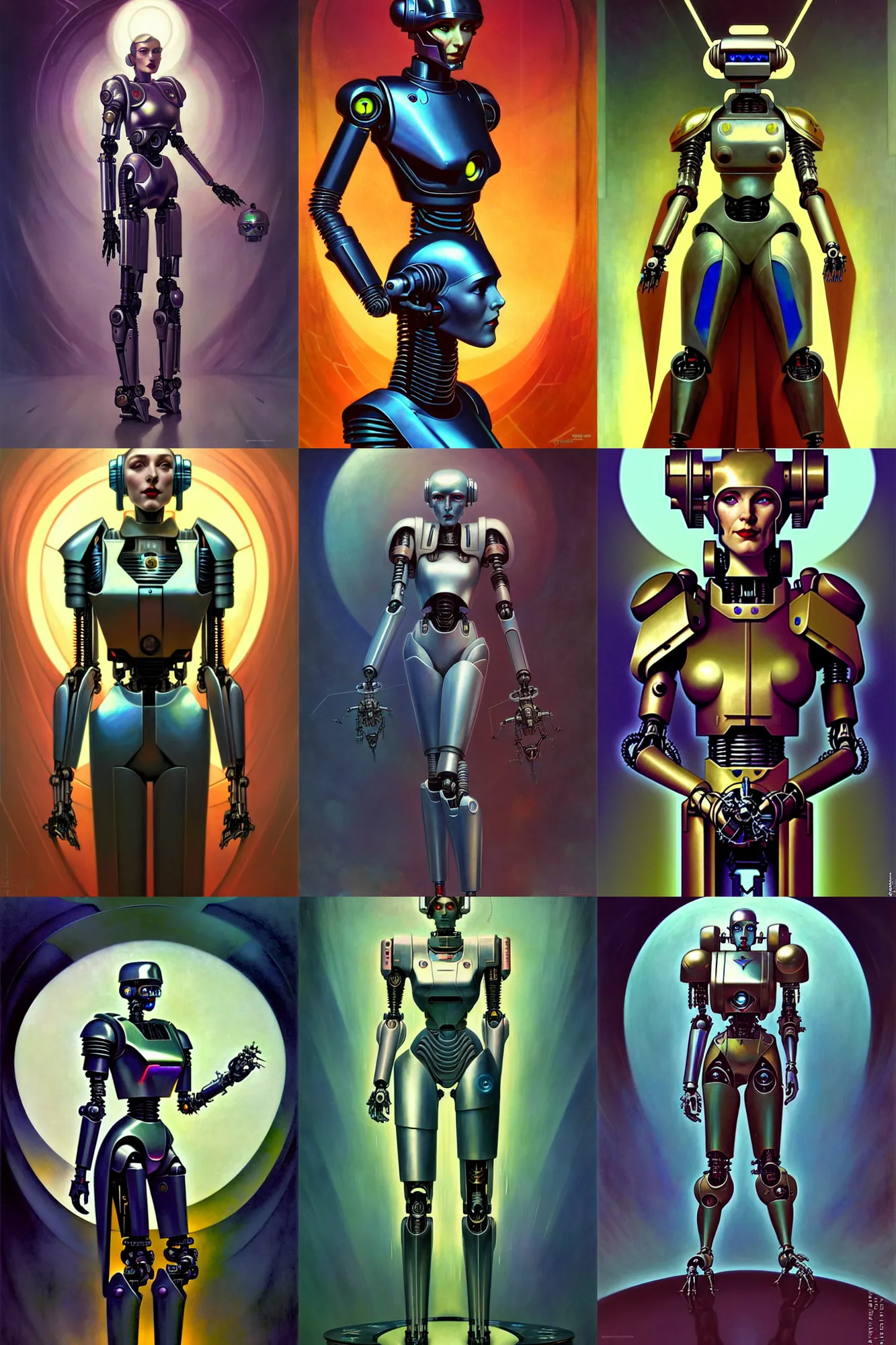 Prompt: fullbody or portrait, simple futurist cyborg empress, warhammer 4 0 k, perfect future, award winning art by gerald brom and syd mead, iridescent color palette, beautiful face, by wlop and karol bak and bouguereau and viktoria gavrilenko, 1 9 5 0 s retro future robot android. muted colors