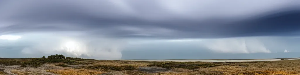 Prompt: Panorama view of the sky, looking out over the sea, 50* degree up from the horizon, big cumulonimbus clouds, storm clouds with volcano eruption