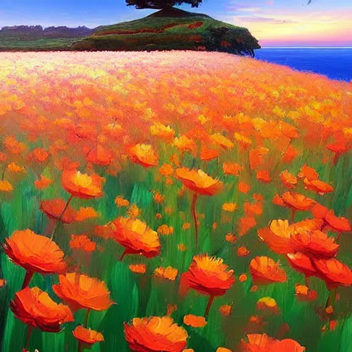 Image similar to digital art of a painting of a flower field with a view of the ocean, poster art by rhads, featured on pixiv, sharp details, neo - romanticism, anime aesthetic, 2 d game art, official art