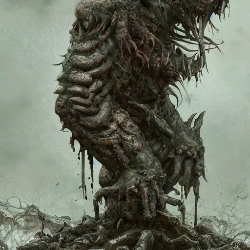 Prompt: a disgusting demon of nurgle making the ground rot around it, au naturel, hyper detailed, digital art, trending in artstation, cinematic lighting, studio quality, smooth render, unreal engine 5 rendered, octane rendered, art style by klimt and nixeu and ian sprigger and wlop and krenz cushart