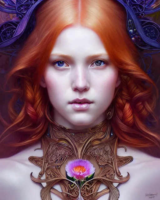 Image similar to Hyperrealistic beautiful and playful ethereal ginger portrait, art nouveau, fantasy, intricate flower designs, elegant, highly detailed, sharp focus, art by Artgerm and Greg Rutkowski and WLOP