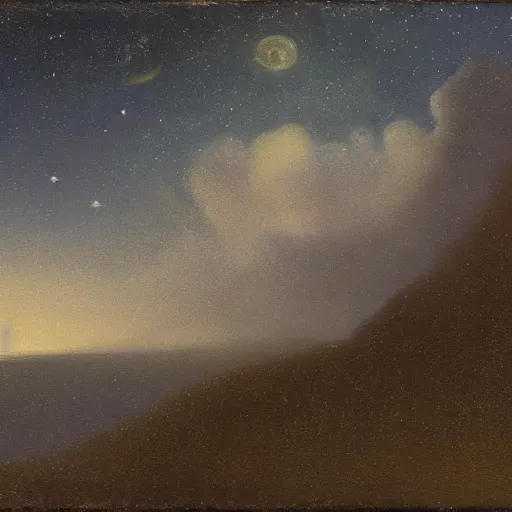 Image similar to night sky with clouds and stars, volumetric, canvas, very detailed, oil painting, canvas, Albert Bierstadt, Theodor Kittelsen