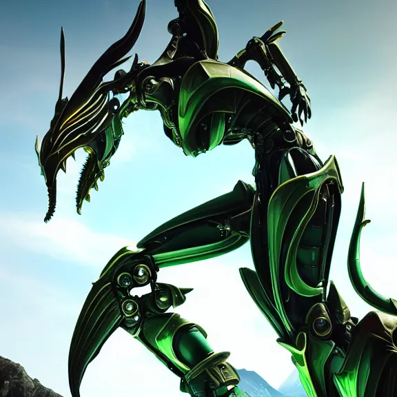 Image similar to extremely detailed giantess shot, close front shot, of a detailed stunning female warframe, that's a giant beautiful stunning anthropomorphic robot female dragon, 300 feet tall, standing majestically on a mountain, elegant pose, robot dragon claws, streamlined glowing green armor, detailed sharp metal claws, thick warframe robot legs, long elegant tail, detailed warframe fanart, destiny fanart, high quality digital art, giantess art, furry art, warframe art, Destiny art, furaffinity, DeviantArt, artstation, 8k HD, octane render