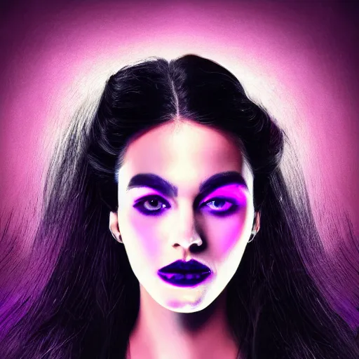 Image similar to portrait of woman wearing an elegant black dress and matte bold makeup, she has long hair and bright eyes, determined expression, illuminated by cyan and purple neon lights