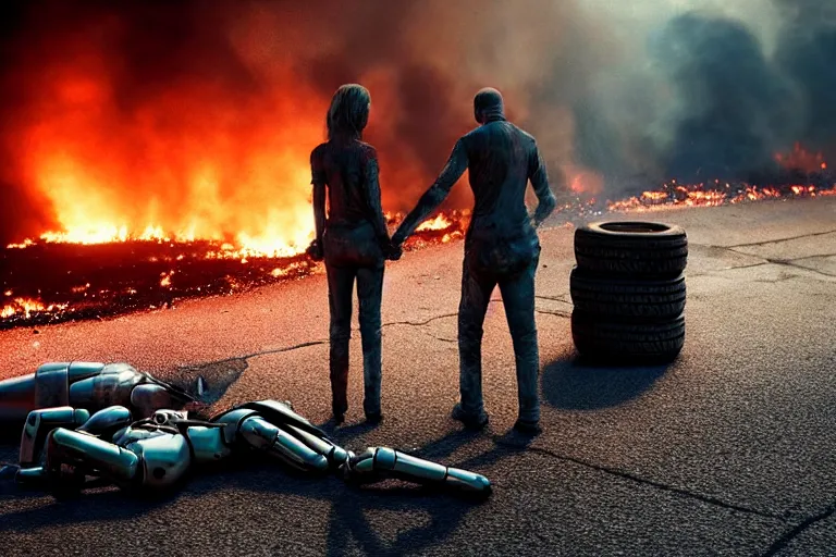 Image similar to vfx film closeup, dead robot couple on the ground holding hands, city street tire tracks fire. flat color profile low - key lighting award winning photography arri alexa cinematography, hyper real photorealistic cinematic atmospheric cool colorgrade