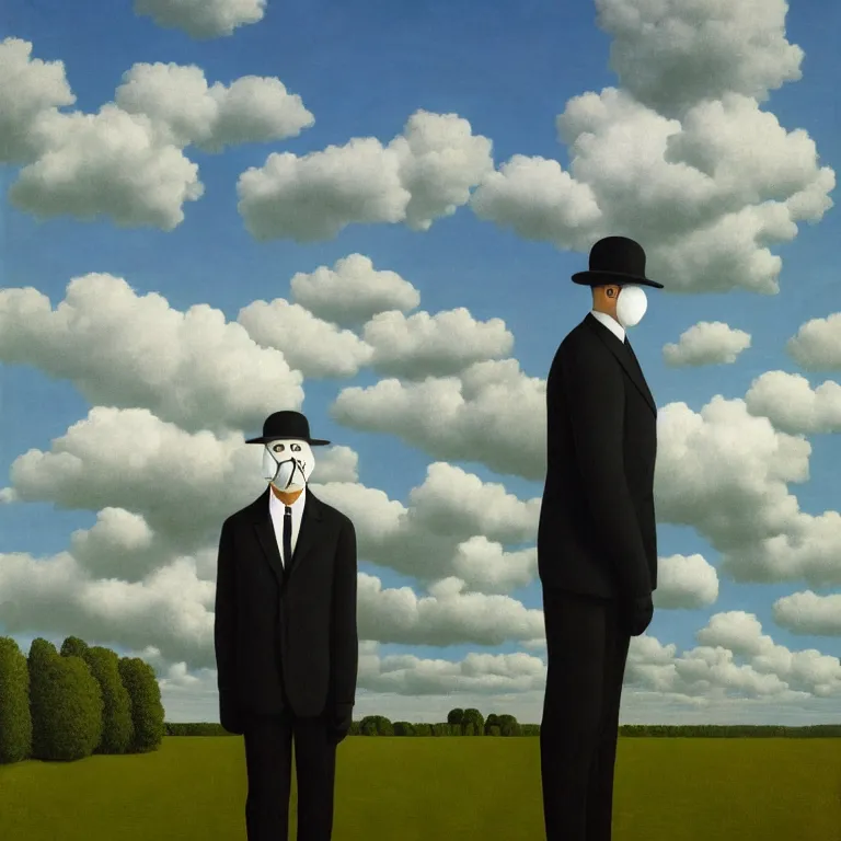 Prompt: portrait of a faceless masked - head man in a suit and black gloves, clouds and nature landscape in the background, by rene magritte, detailed painting, distance, centered, hd, hq, high resolution, high detail, 4 k, 8 k