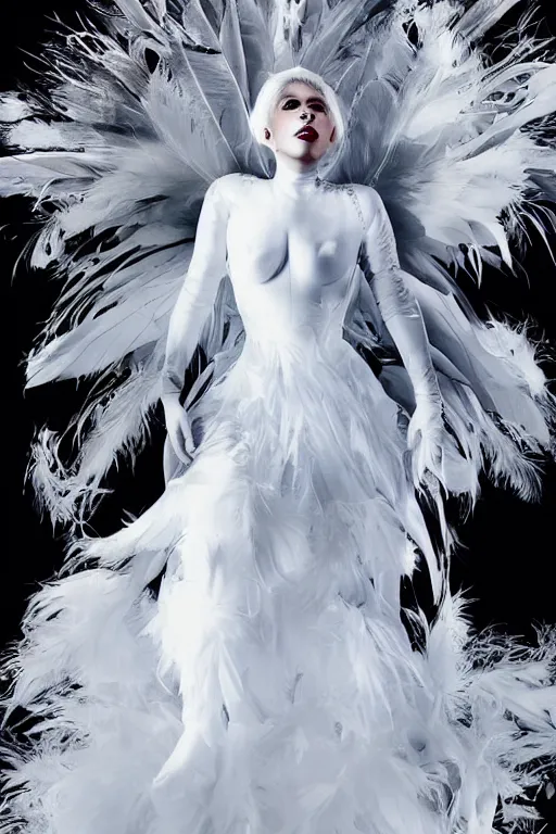 Image similar to lady gaga in a white dress with a plastic bag over her shoulder, a hologram by Alexander McQueen, featured on polycount, gothic art, made of feathers, ethereal, angelic photograph