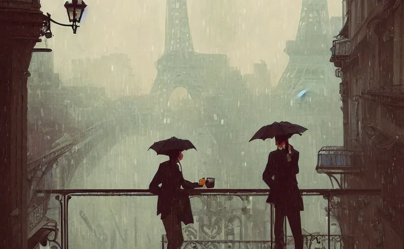 Image similar to gentleman drinking coffee at balcony in france, city with eiffel tower, late night raining, detailed characters, by greg rutkowski, alphonse mucha, beeple, sharp focus, digital art, smooth, light refraction, pixiv art, volumetric lighting, makoto shinkai