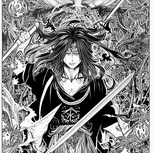 Image similar to highly detailed perspective drawing black and white goetic pen and ink manga panel by hiroya oku!! mucha illustrated sorcerer beautiful attractive long hair chris bell fxv flowing ritual royal!!! vagabond! graphic novel panel swords dramatic esoteric!!!!!! long hair flowing dancing illustrated in high detail by frank miller, shonen jump