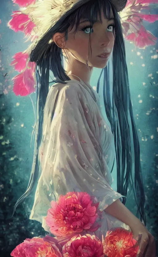 Image similar to bestselling movie poster, official media,a cinematic beautiful closeup moment of saying goodbye wearing boho poncho and sunhat with peonies, full body portrait and simple form, brutal shapes, shaman, pixiv, 1970s fashion, official anime media, cinematic lighting, artstation consept artwork by doja cat, charlie bowater, waterhouse, ,greg rutkowski, wong kar wai
