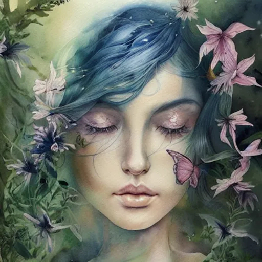 Prompt: watercolor illustration of a serene landscape by anna dittmann, by marco mazzoni, by stephanie law,