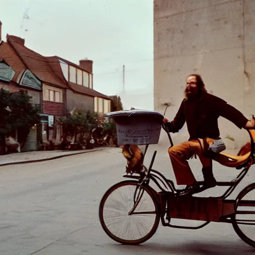 Image similar to a man riding a walrus down the street, kodachrome, 3 5 mm f 1. 4 lens, depth of field, dramatic lighting, masterpiece