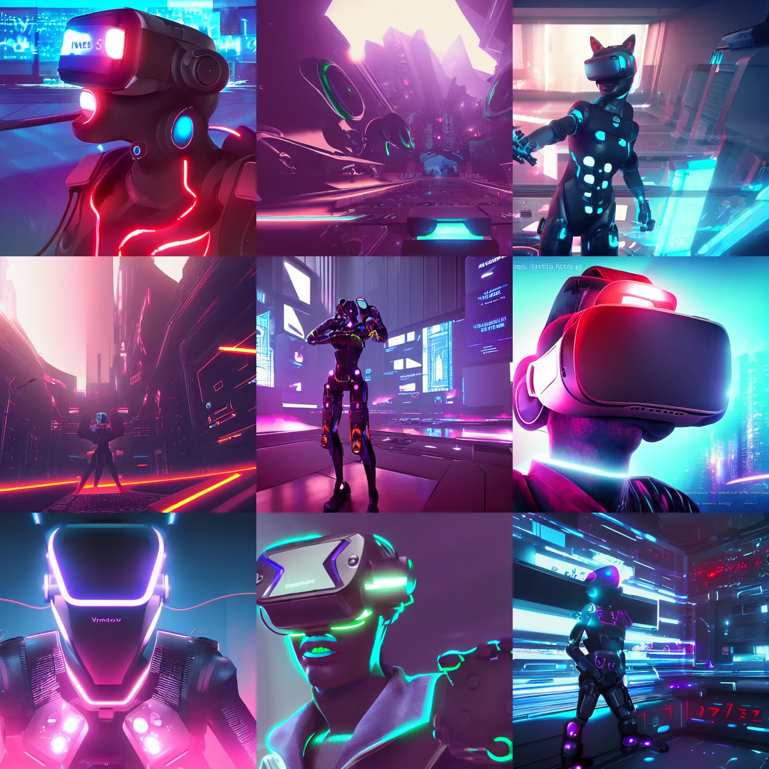 Prompt: neos virtual reality metaverse engine, unity render, trending on artstation, furry, anime, robot, cyberpunk, synthwave, darksynth