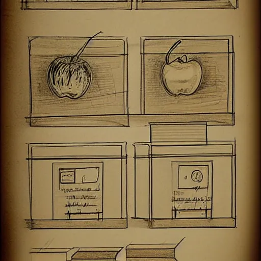 Image similar to an old drawing in the style of leonardo davinci's inventions, showing sketches of an apple imac