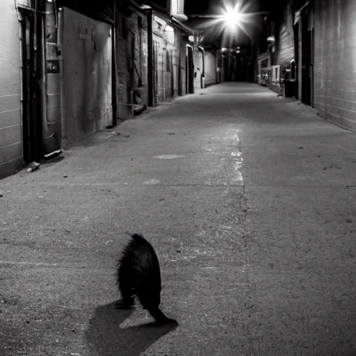 Prompt: a skunk in a dark alley way at night, 28mm lens