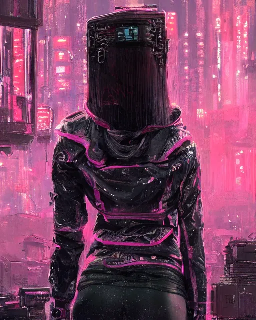 Image similar to detailed portrait Neon guard girl with long straight blonde hair seen from the back, cyberpunk futuristic, reflective puffer jacket, black leggings, decorated with traditional ornaments in front of a dystopian crowd with piles of garbage by Ismail inceoglu dragan bibin hans thoma, Perfect face, fine details, realistic shaded, fine-face, pretty face