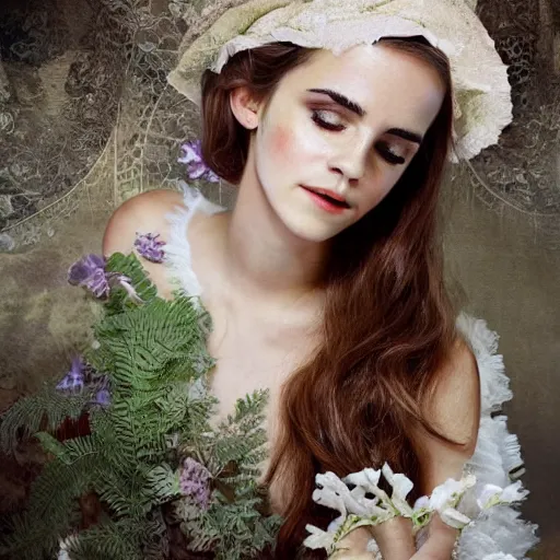 Image similar to washed out on worn out canvas textured canvas wall full body fashion model emma watson smokey eyes makeup eye shadow fantasy, glow, shimmer as victorian woman in a long white frilly lace dress and a large white hat having tea in a sunroom filled with flowers, roses and lush fern flowers ,intricate, night, highly detailed, dramatic lighting , high quality