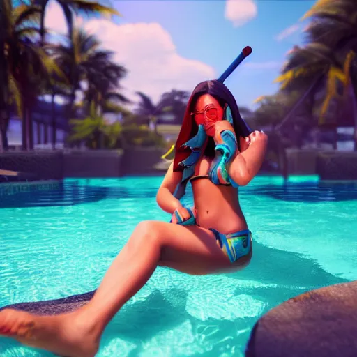 Image similar to pool party Akali catching the Hawaiian sun (League of Legends). 3d render, octane render, iRay, ray tracing, realistic, highly detailed, trending on artstation, 4k, cgsociety, unreal engine 5, redshift render, blender cycles, behance, cg