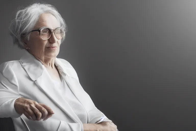 Image similar to a realistic cinematic headshot portrait of an old woman, wearing futuristic white suit in a skyscaper office, 4 k, ultra realistic, dramatic lighting, rain, clouds, fog, vogue, fashion, magazine spread, by annie leibovitz