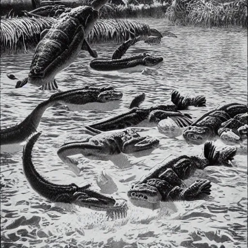 Prompt: battalion of tabby cats swimming downstream to do battle with a giant cayman crocodile silkscreened poster lithograph “ bernie wrightson ”