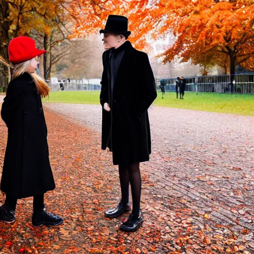 Image similar to A thin man in a black coat and bowler hat talks with small young girl dressed in a red coat and a red hat, park, autumn, Berlin, in style of Henry Matisse , wide angle, high detail, width 768