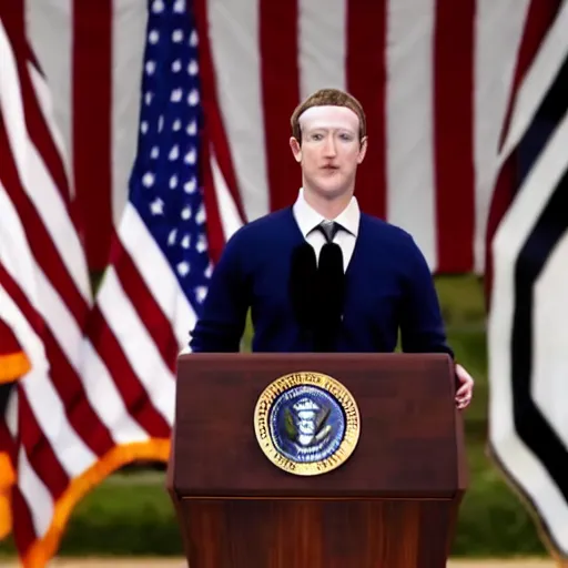 Image similar to mark zuckerberg as the president of the united states wearing a suit standing at the presidential podium