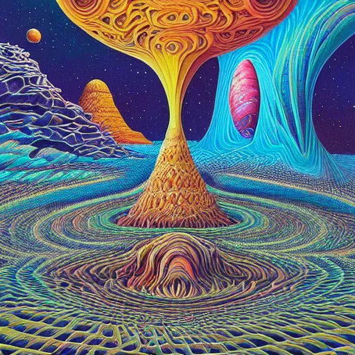 Image similar to geometric volcanoes melting into ocean forest cliffs in space by android jones, alex grey, chris dyer, aaron brooks,