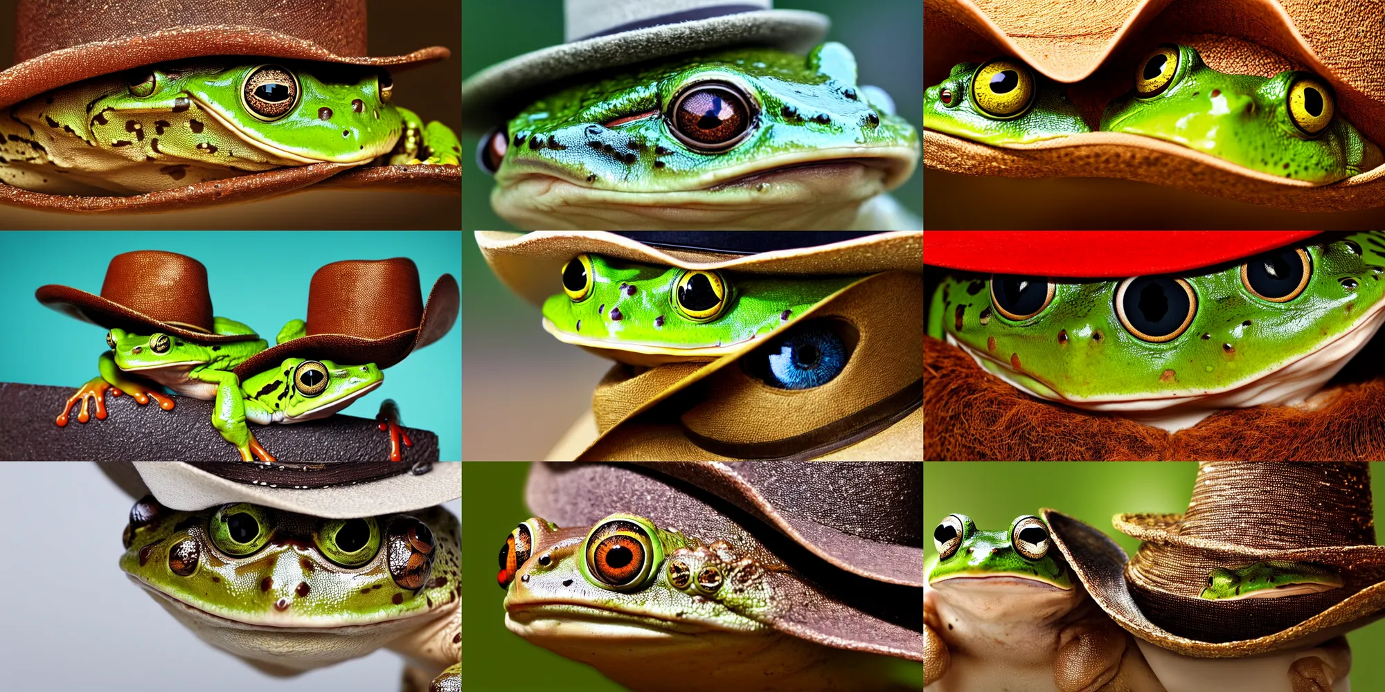 Prompt: a frog wearing a cowboy hat, a macro photograph, shutterstock contest winner, uhd image, shiny eyes, macro photography