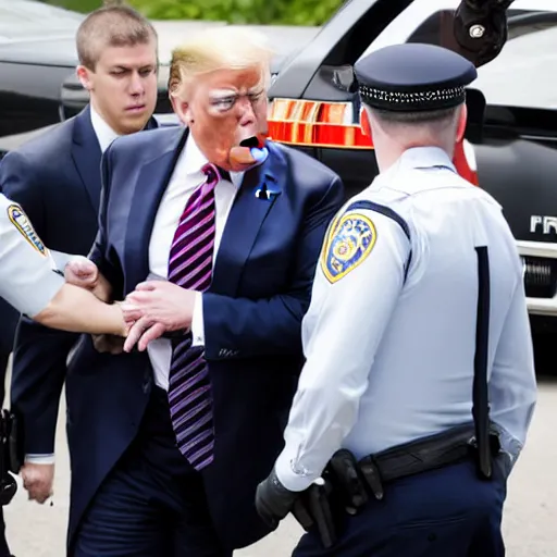 Image similar to candid ap press photo of president trump in handcuffs being arrested by fbi agents, escorting him into a police car, 3 5 mm lens, highly detailed portrait, 4 k uhd, sony camera, f / 2 2