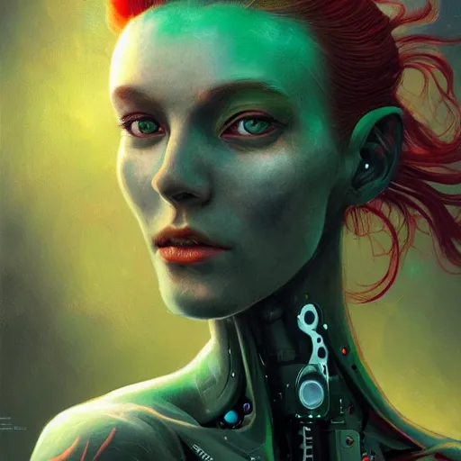 Image similar to a portrait of a beautiful cyborg girl, red hair, glowing green eyes, urban motifs, intricate, elegant, highly detailed, digital painting, trending on artstation, concept art, smooth sharp focus, illustration, art by james jean and zdzisław beksinski