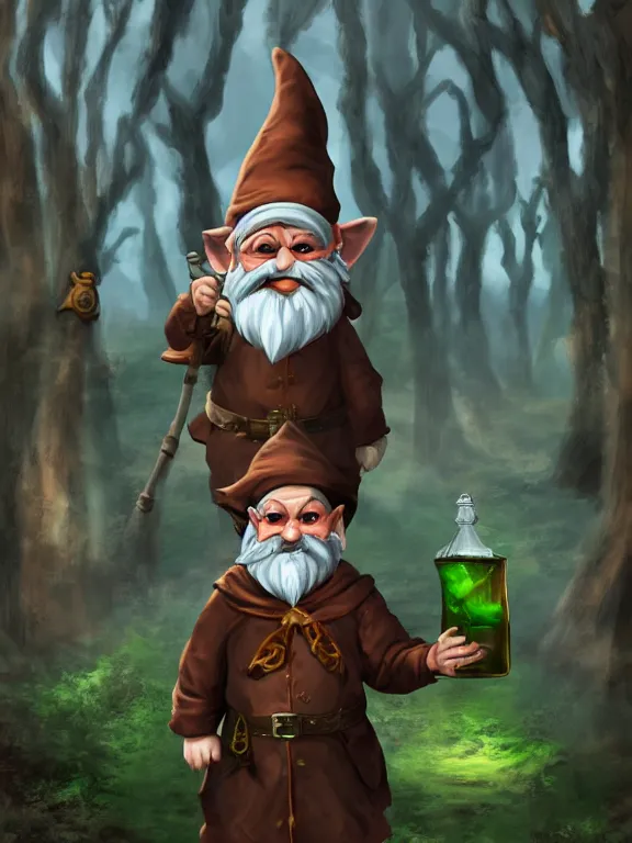 Image similar to evil alchemist gnome, brown tuffle coat, evil smile, flasks in hands, giving flasks to other gnomes, dnd, forest background, matte painting, midjourney