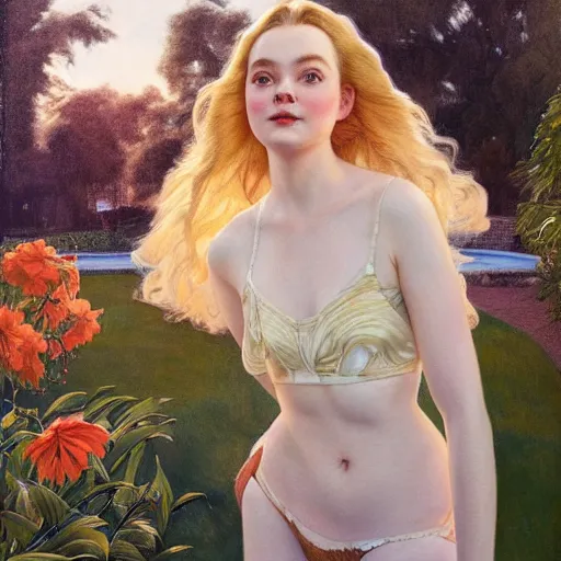 Prompt: Elle Fanning, next to a pool, golden hour, in a garden, artstation, by J. C. Leyendecker and Peter Paul Rubens,