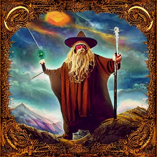 Image similar to Album Cover of wizard on a mountaintop holding a magical staff, 80’s, metal, airbrush art, High Quality, Fantasy