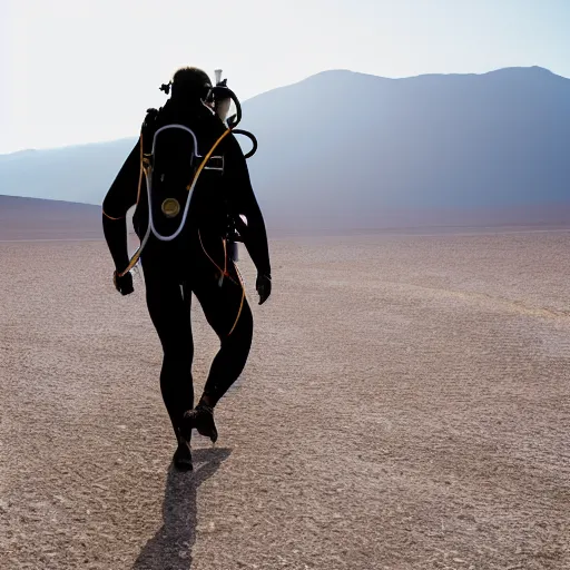 Image similar to a scuba diver walking in death valley, photography, highly detailed, high quality, 8 k, soft lighting,