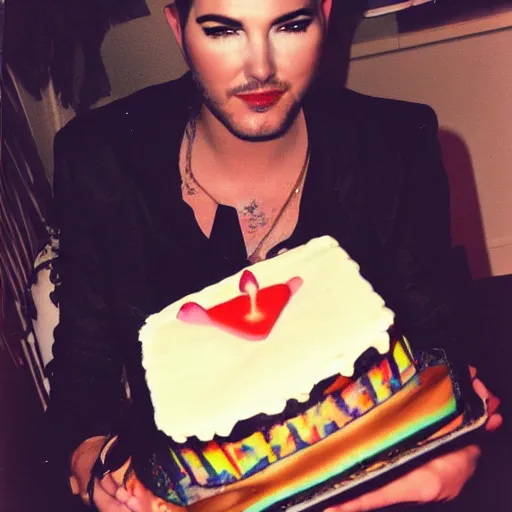 Prompt: Polaroid of Adam Lambert holding a birthday cake