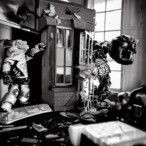 Image similar to joe biden, master splinter holding a megazord battling krang inside abandoned dollhouse, 35mm film