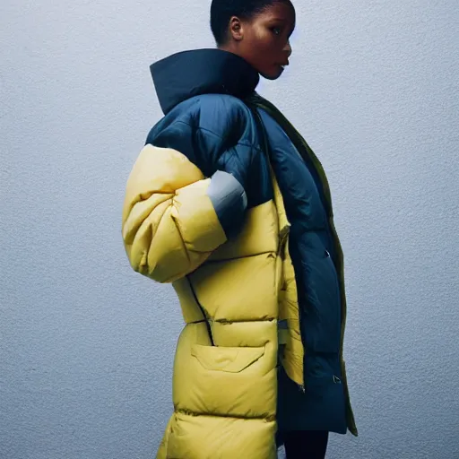 Image similar to realistic photoshooting for a new balenciaga lookbook, color film photography, portrait of a beautiful woman, woman is wearing a puffer jacket, in style of Tyler Mitchell, 35mm,