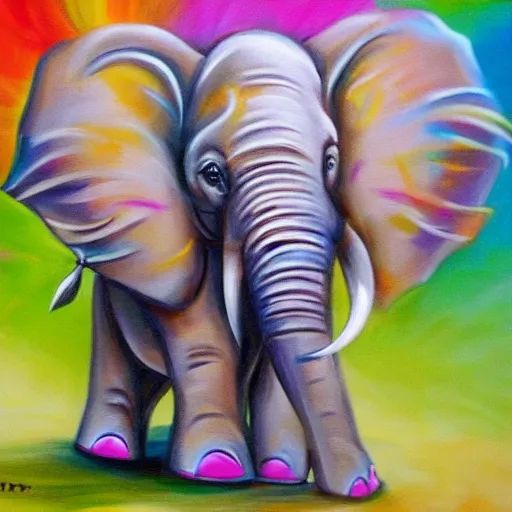 Prompt: cute baby elephant holding paintbrush in it's trunk painting colorful swirls on an artist easel detailed oil painting 4k