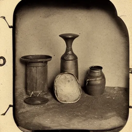 Image similar to Tintype photograph of primitive objects displayed in an ethnographic museum, archive material, anthropology, 1920s studio lighting.