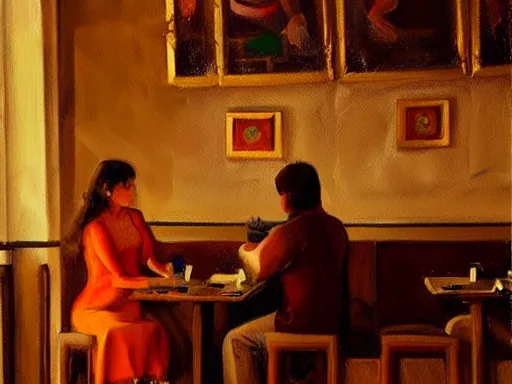 Image similar to masterpiece painting by salman toor, of a guy and a girl on a date in a restaurant, cinematic light, renaissance, atmospheric effects, artstation