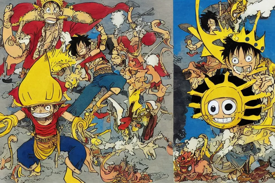 Prompt: concept sketches of luffy wearing a gold crown riding a large dragon by jamie hewlett, in the style of megaman